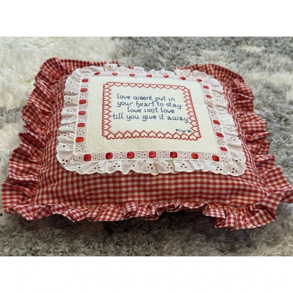 Vintage 1981 Cross Stitch Throw Pillow Red Gingham Ruffle Love Quote Accent